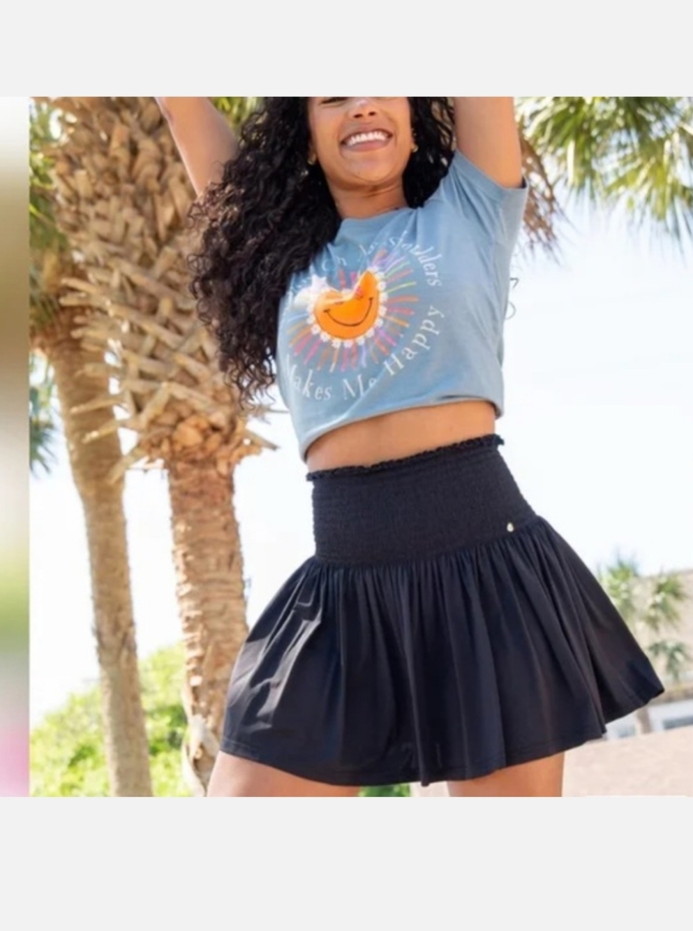 Natural Life Daisy Black Smocked Waist Skort Flowy Mini Skirt Shorts Boho XS